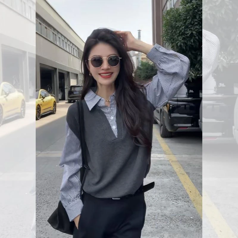 2025春秋季新款女士韩系小众假两件长袖衬衫时尚别致拼接条纹上衣
