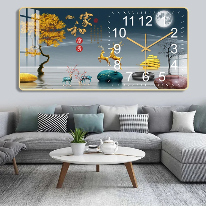 轻奢挂钟高档家用客厅挂墙时尚新款大气简约晶瓷画免打孔静音时钟