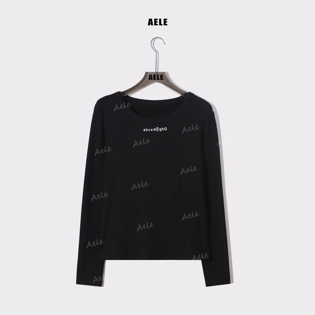 AELE黑色字母女圆领装饰修身显瘦简约风长袖T恤 T861 5252 AD