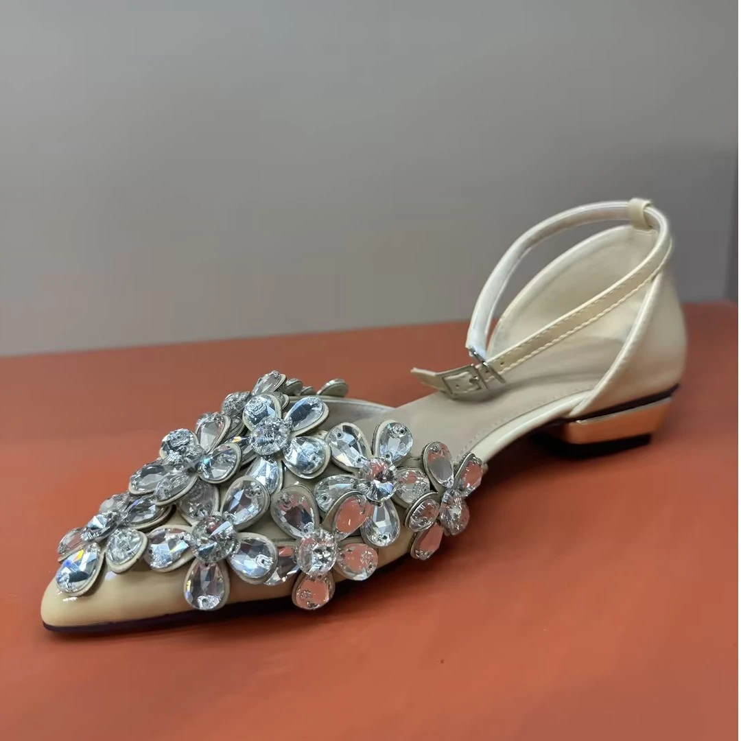 阿芙莎手工鞋19926夏季新款时尚水晶花小仙女尖头低跟凉鞋