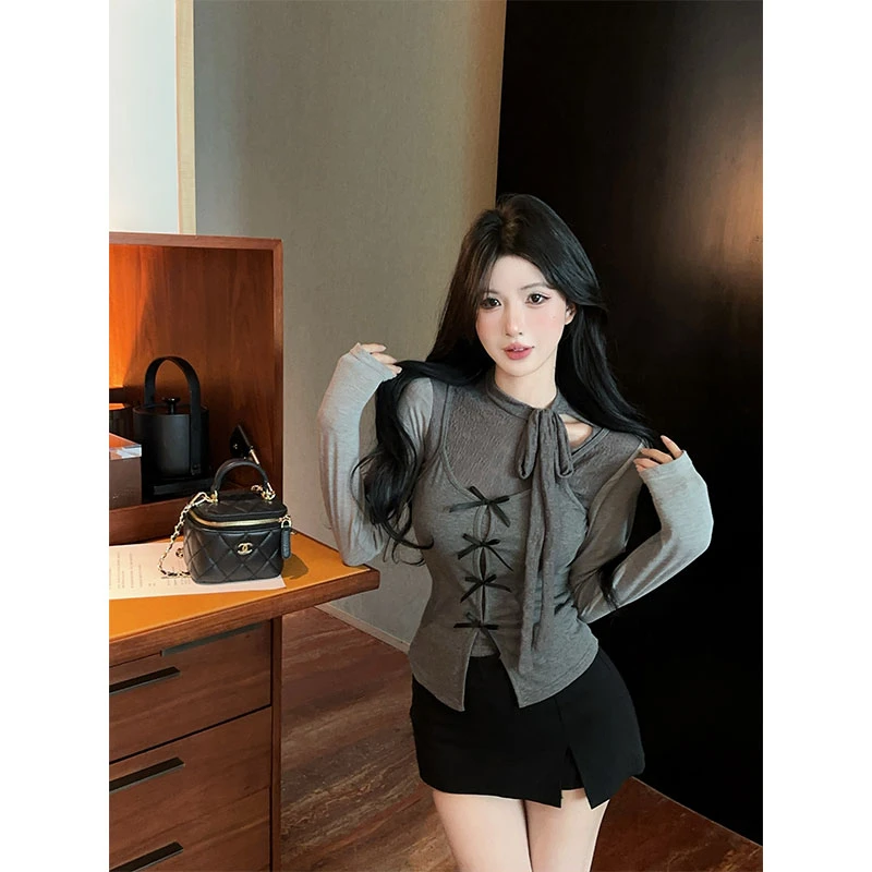 2025早秋气质修身型长袖底衫T恤巨好看的上衣两件套百搭裙裤套装
