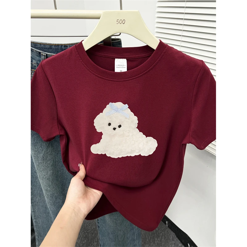 大码胖mm小狗印花正肩短袖t恤女夏季新款韩版百搭圆领洋气上衣服