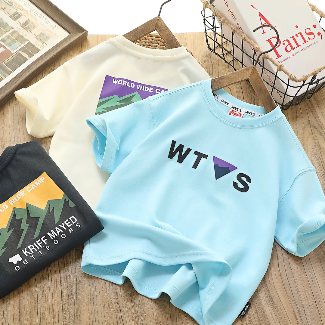 夏季儿童3D立体印花字母中大童圆领休闲T恤 9111