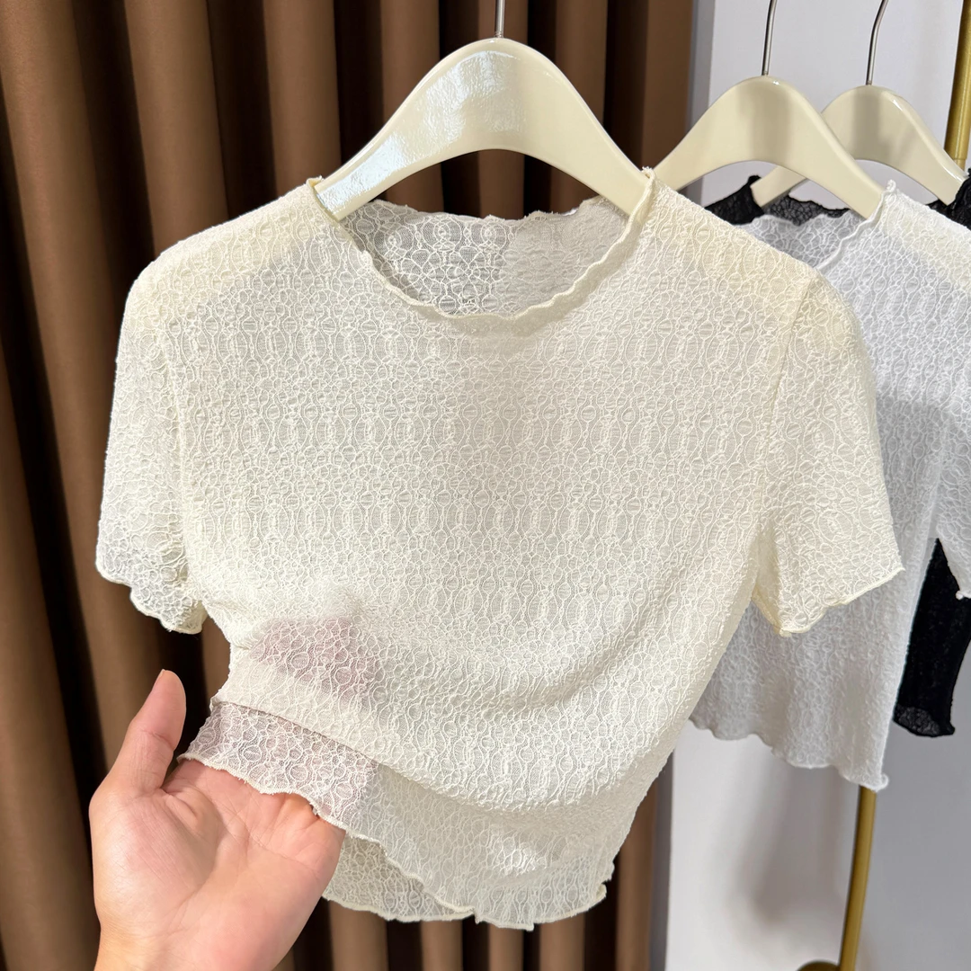 网纱蕾丝短款上衣女夏季吊带裙上衣短袖气质木耳边百搭透气打底衫