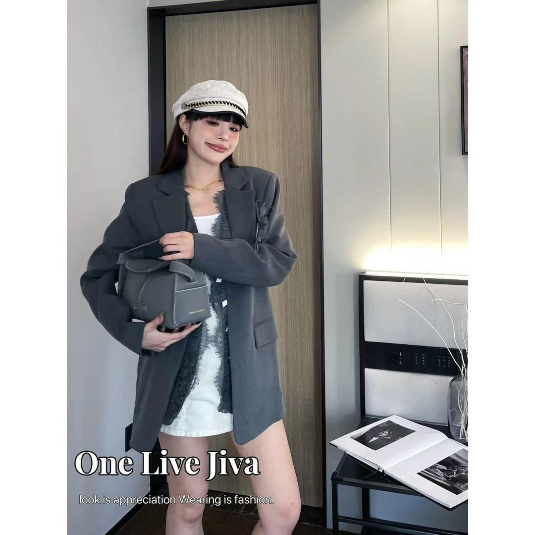 KIKI严选：64052-jiva家欧洲站南油秋冬新款假两件拼蕾丝西装外套