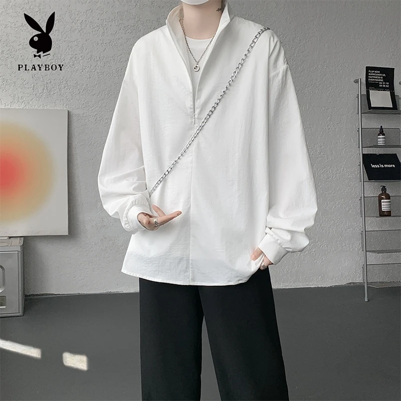 花花公子老钱风假两件衬衫外套男春秋高级半拉链设计上衣休闲夹克