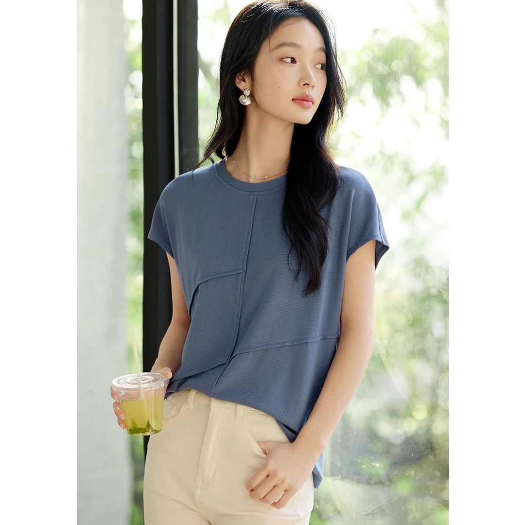 XWI/欣未线条设计蝙蝠袖T恤2025夏季知性纯色线条艺术T恤女装1302