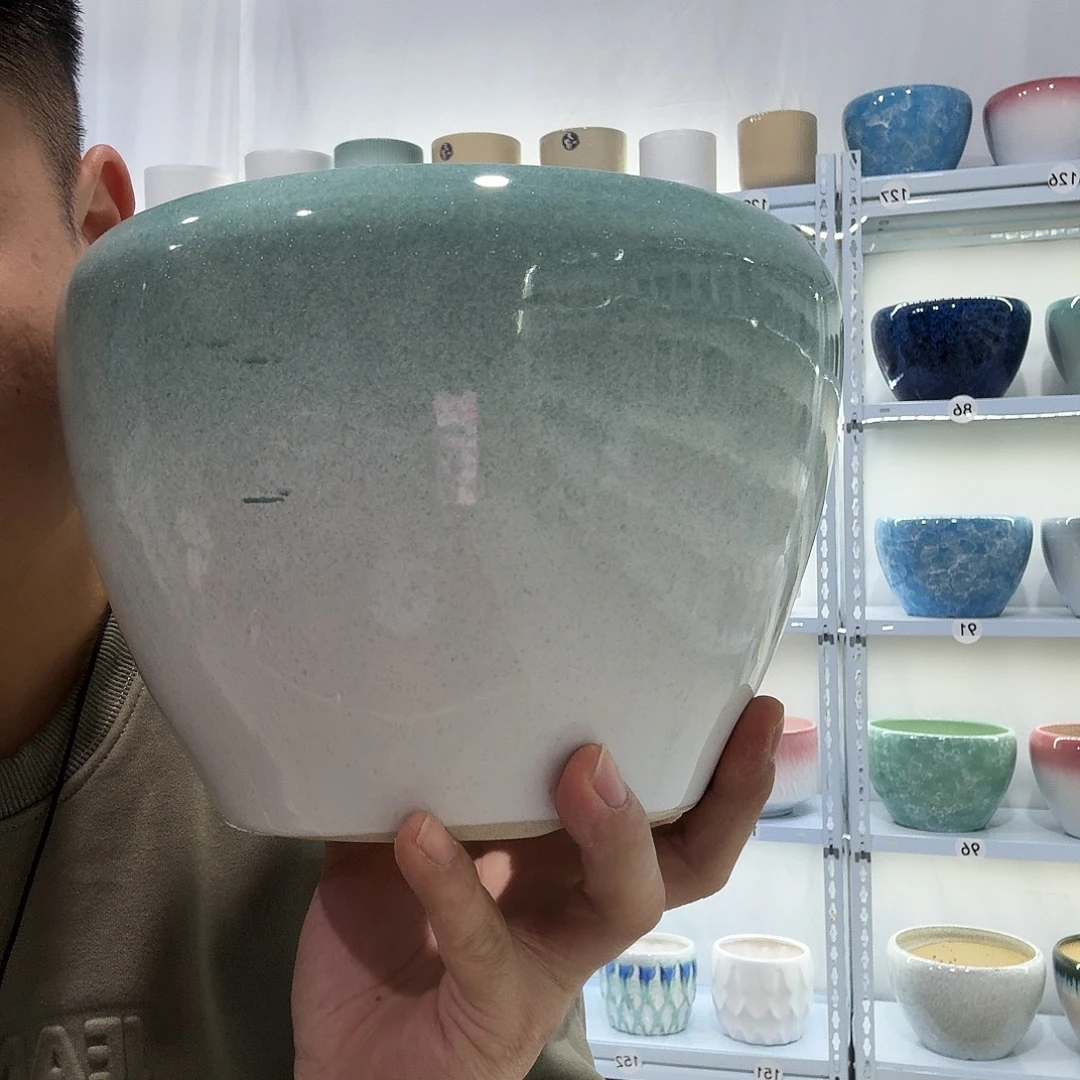 陶瓷花盆渐变绿苹果盆口径20高度15