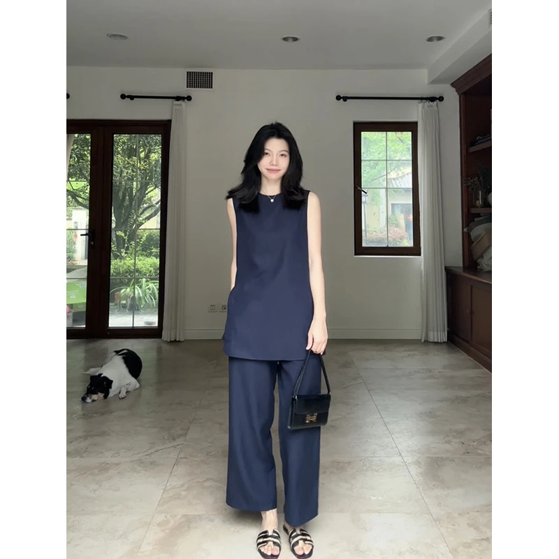 郭九九呢 天丝亚麻极简风开衩无袖小衫宽松慵懒阔腿裤 G925A04504