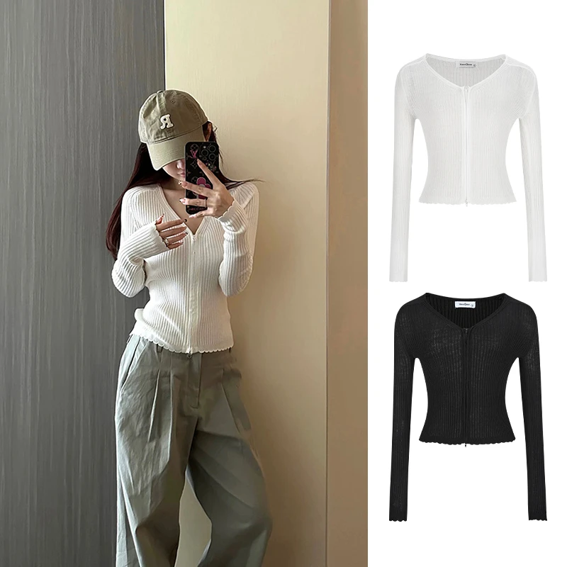 Moses Queen/魔西女王木耳V领短款坑条纹针织开衫辣妹长袖上衣