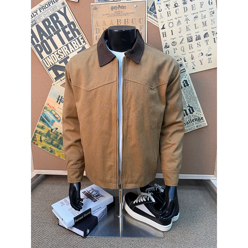 卡其色水洗底特律工装夹克男款巴恩风翻领短宽外套美式复古棒球服