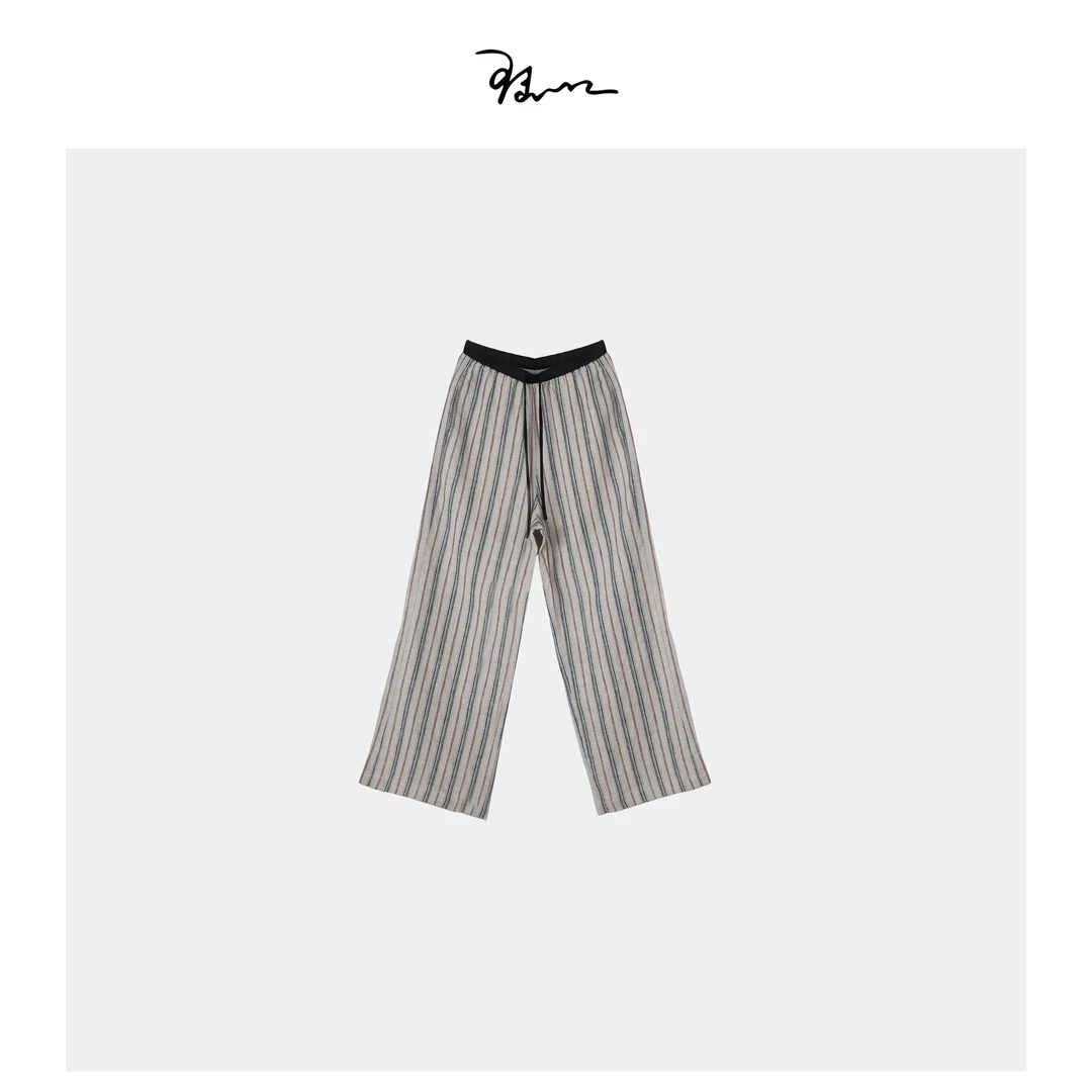 【彩麻】陆一口女装定制亚麻条纹休闲直筒裤