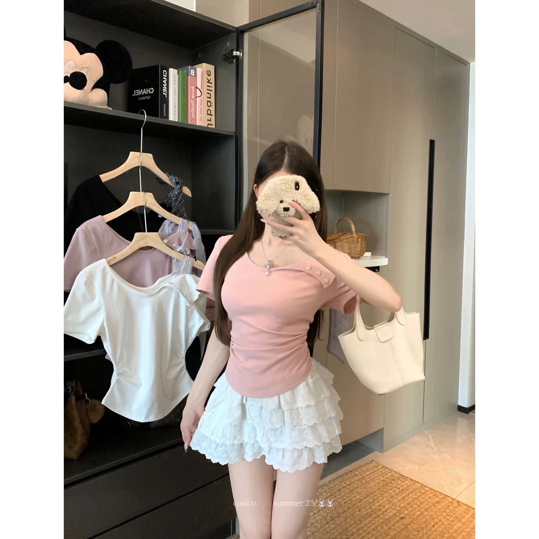 【佳佳】胖MM设计感欧若风不规则绑带蝴蝶T恤结纽扣显瘦爆款上衣