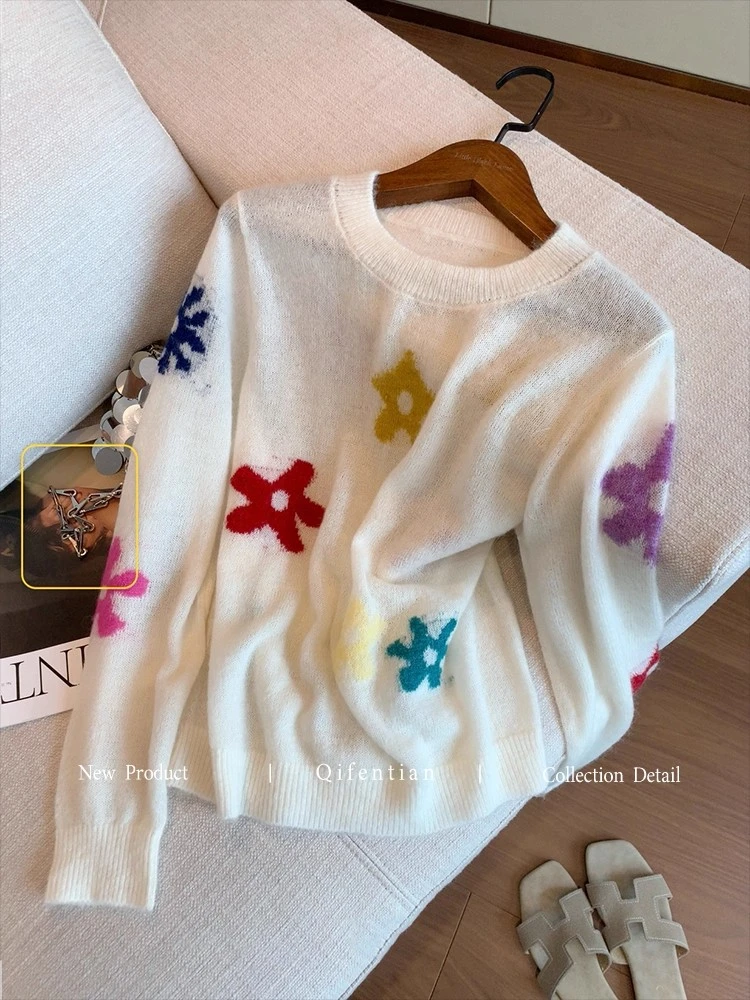 彩色花朵印花套头松弛毛衣女秋冬新款慵懒软糯甜美气质百搭针织衫