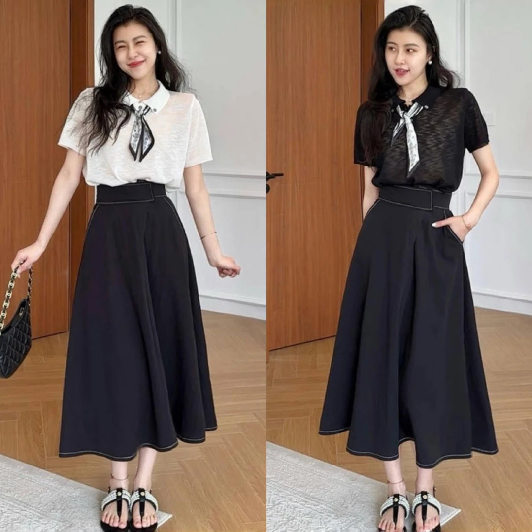 巨好看的夏天套装女时尚洋气减龄丝巾翻领短袖上衣高腰伞裙两件套