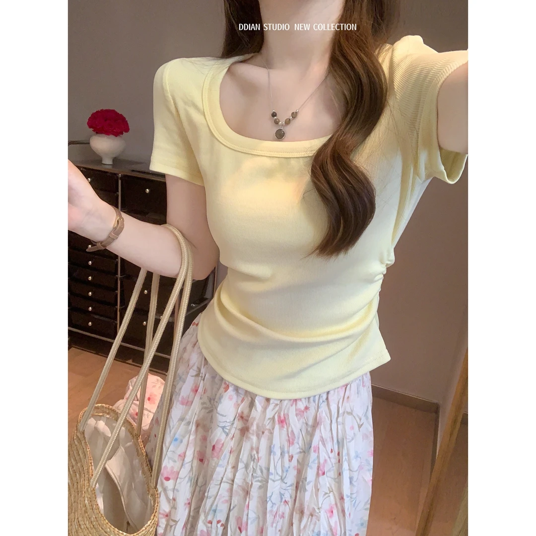 2025夏季韩版气质方领百搭褶皱短款显瘦设计感百搭短袖T恤上衣女