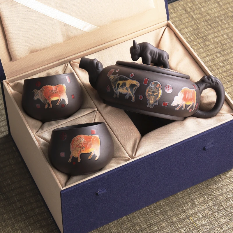 原矿紫砂遇热变色牛转乾坤凤鸣壶大容量一壶两杯家用送礼功夫茶器