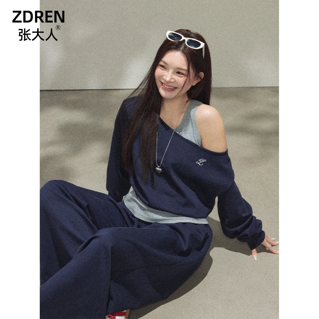 张大人【轻逸穿搭】大码女装微胖妹妹韩系露肩假两件卫衣套装