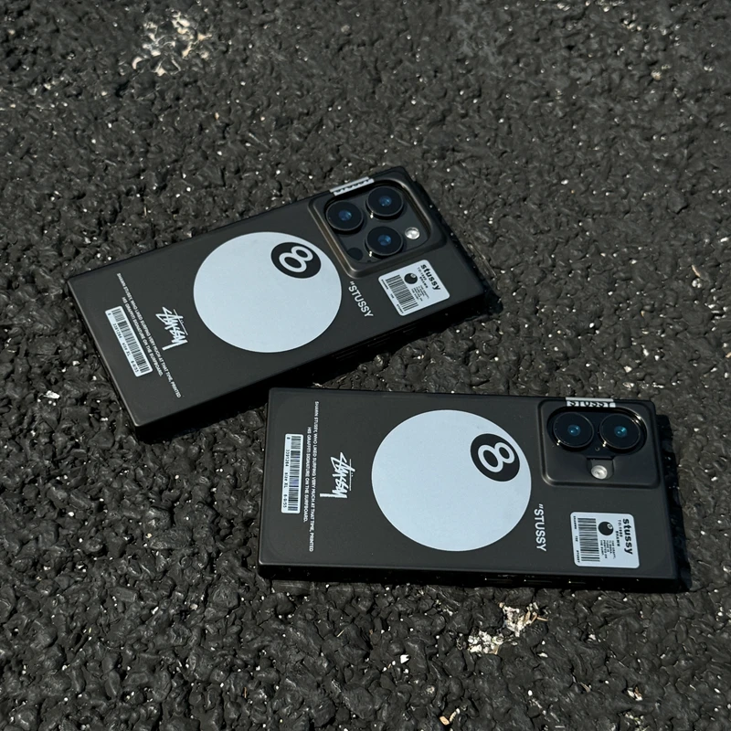 潮牌黑8台球适用苹果16promax手机壳iphone14/15pro烫银方形壳16