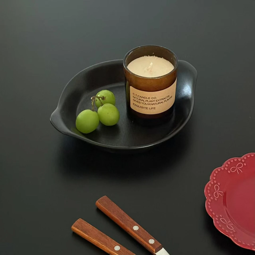 p37 简约陶瓷双耳碗黑色7英寸菜碗沙拉碗 微瑕 凑满20发货