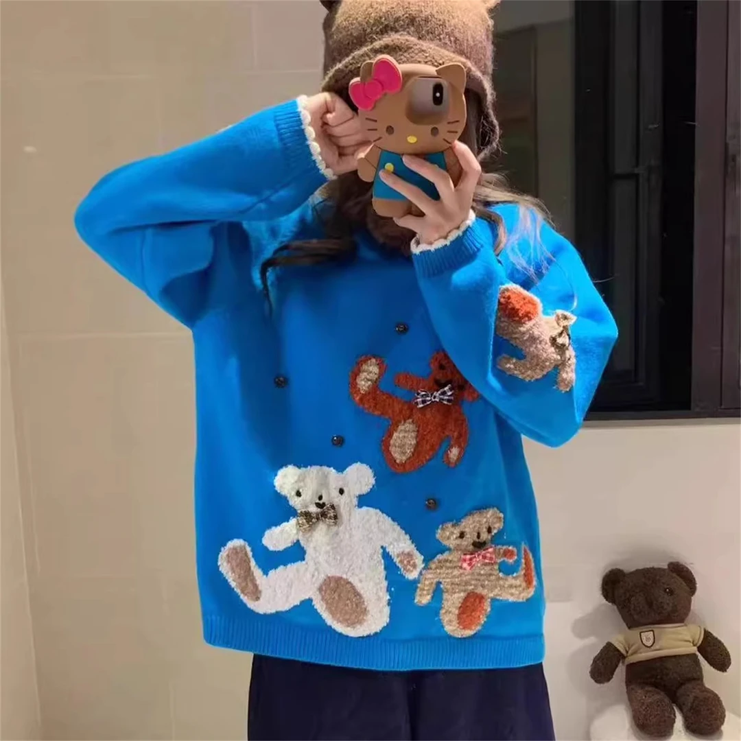 韩版小熊蝴蝶结可爱减龄毛衣女秋季大码胖MM显瘦宽松针织打底上衣