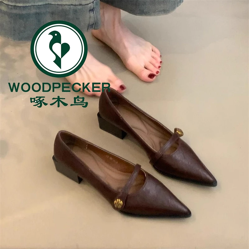 啄木鸟复古浅口高跟鞋女鞋2025年山茶花粗跟单鞋尖头气质玛丽珍鞋