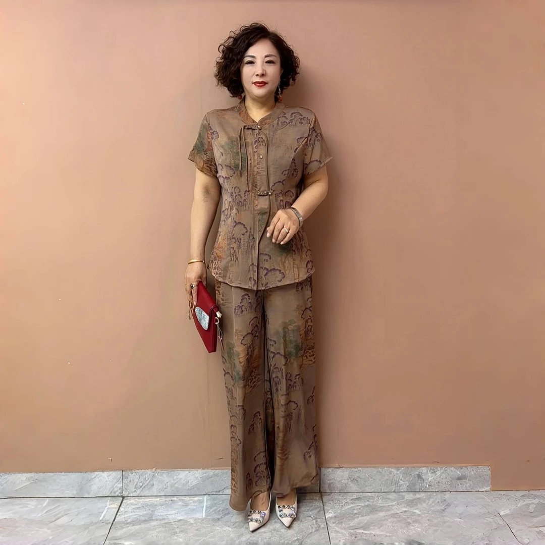 新中式妈妈盘扣旗袍衬衫夏季新款短袖气质高贵阔腿裤两件套装