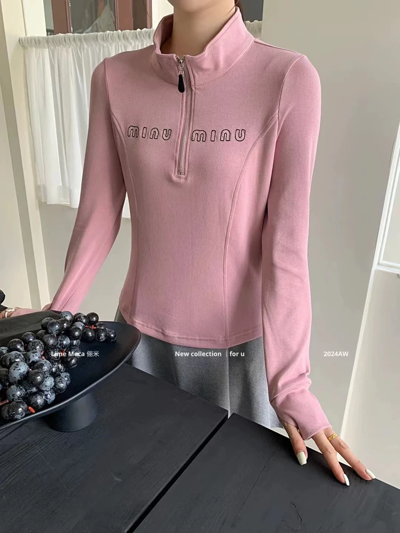 美美推荐24003 俪米设计感小众收腰翻领半拉链时尚显瘦长袖t恤女