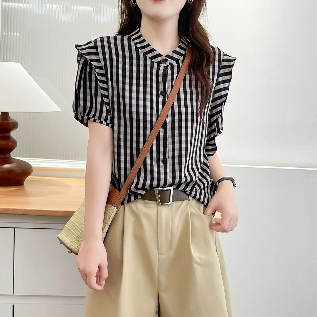 大码格子短袖衬衫女装夏季新款胖MM宽松百搭显瘦别致衬衣8515