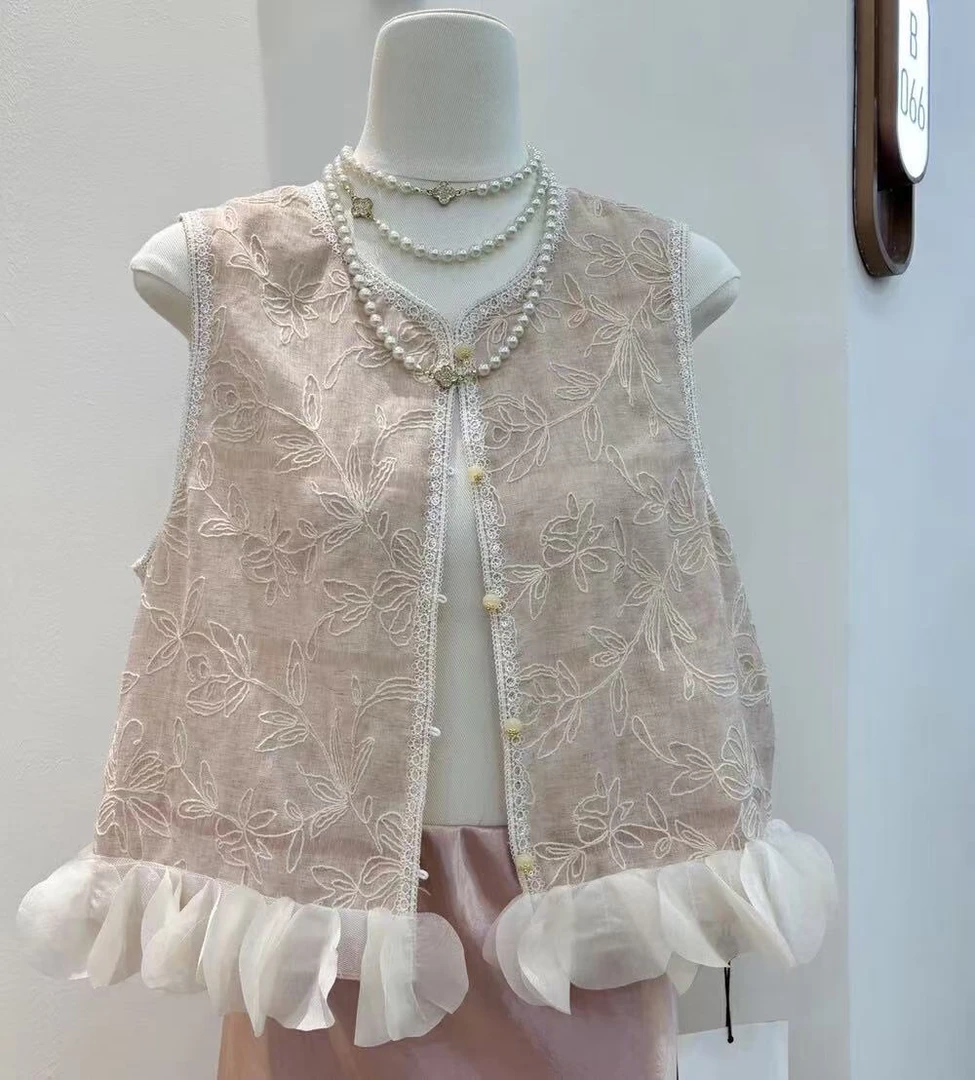 【桃花坞】夏季新中式重工蕾丝提花下摆立体花瓣马甲外搭坎肩