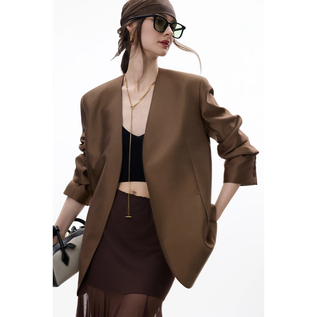 ANNASPEAK高定立裁琥珀流光32MM重磅桑蚕丝羊毛/凉感醋酸无领西装