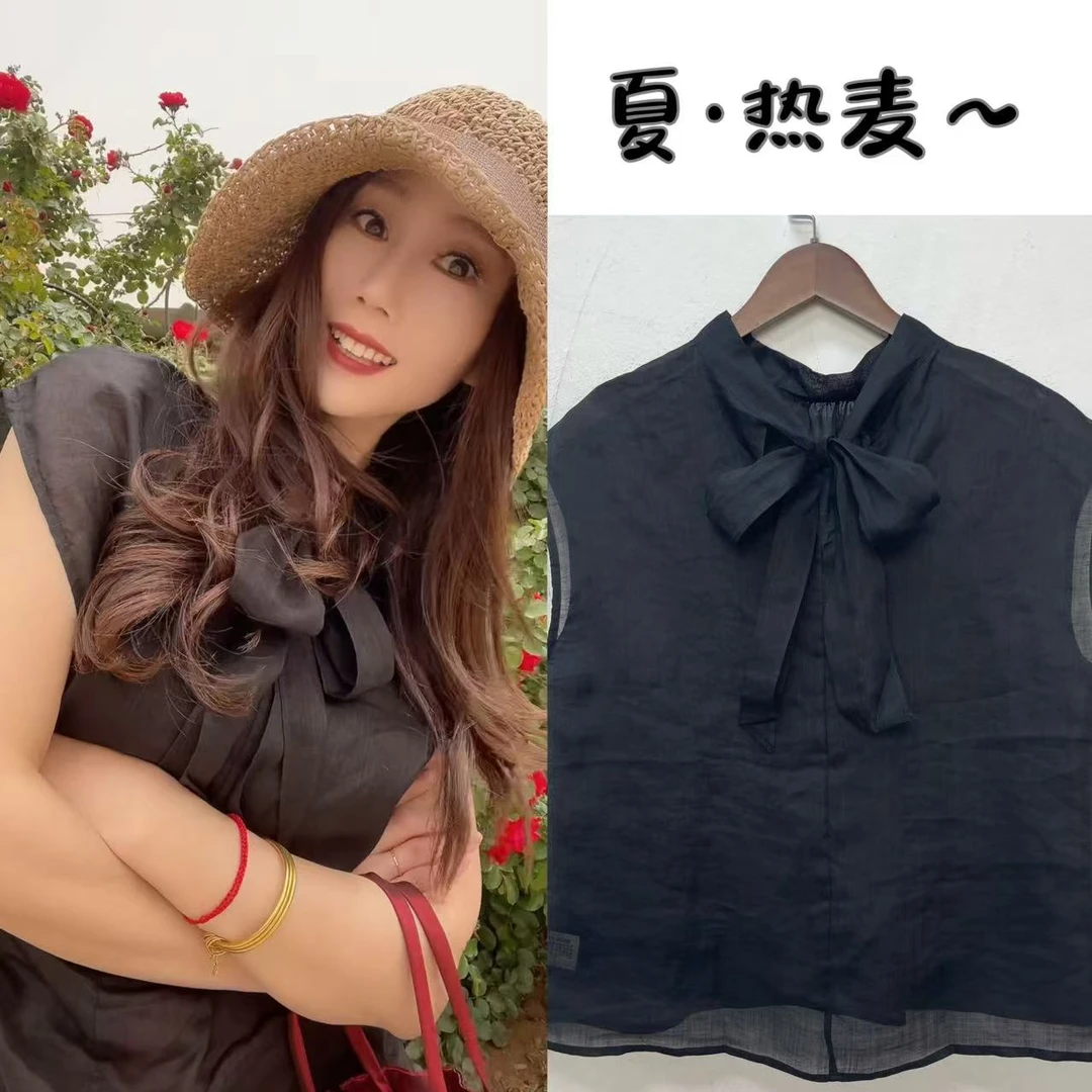 （夏·热麦）宽松文艺风苎麻小高领前后两穿系带无袖上衣