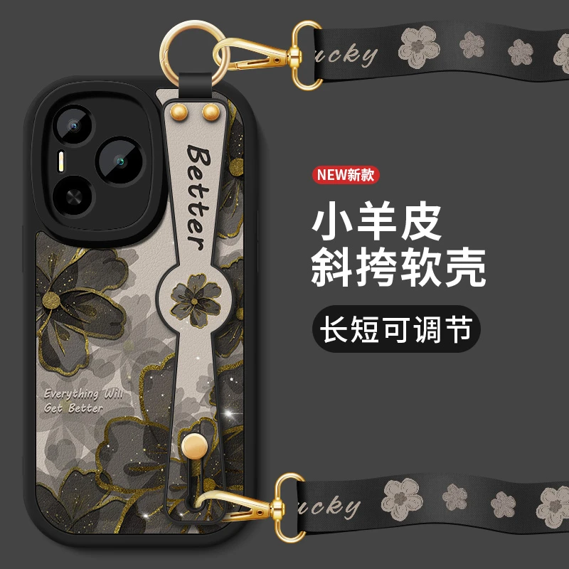 适用荣耀Power手机壳华为荣耀power新款斜跨腕带挂绳黑色花朵女