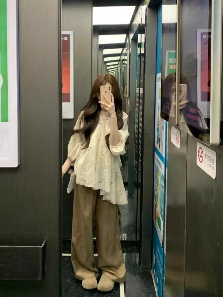 新中式穿搭套装女2025年夏季不规则镂空短袖衬衫阔腿休闲裤两件套