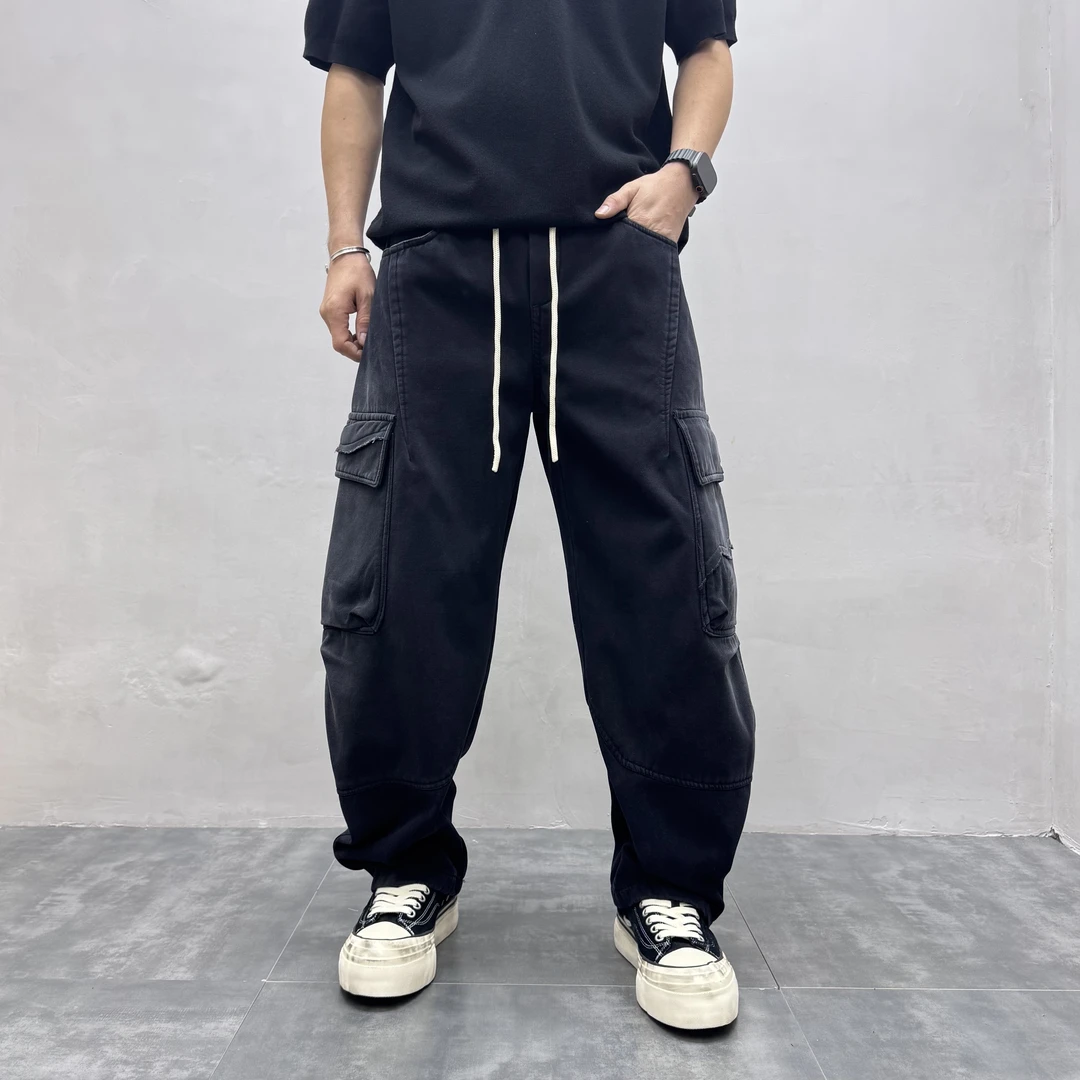 2025冬季机能工装多口袋休闲弯刀裤男士做旧渐变宽松加绒直筒裤