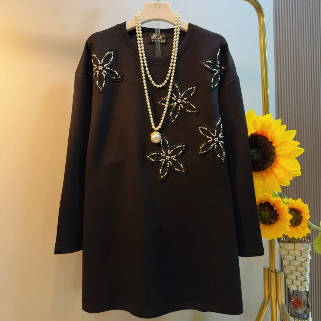 YDD韩版时尚显瘦中长款圆领长袖大码T恤