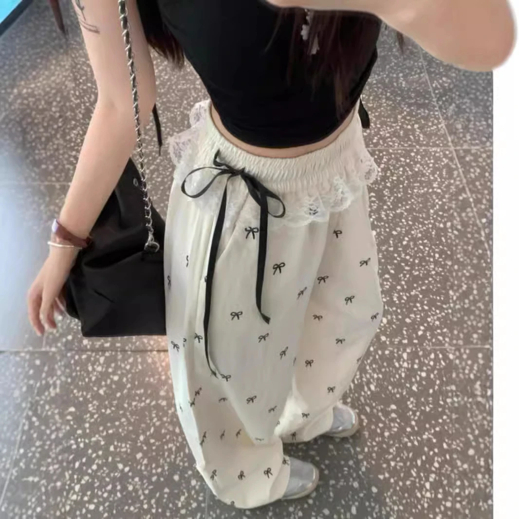 甜辣妹蕾丝边拼接休闲裤高腰结裤子女夏季宽松松紧腰阔腿裤直筒裤
