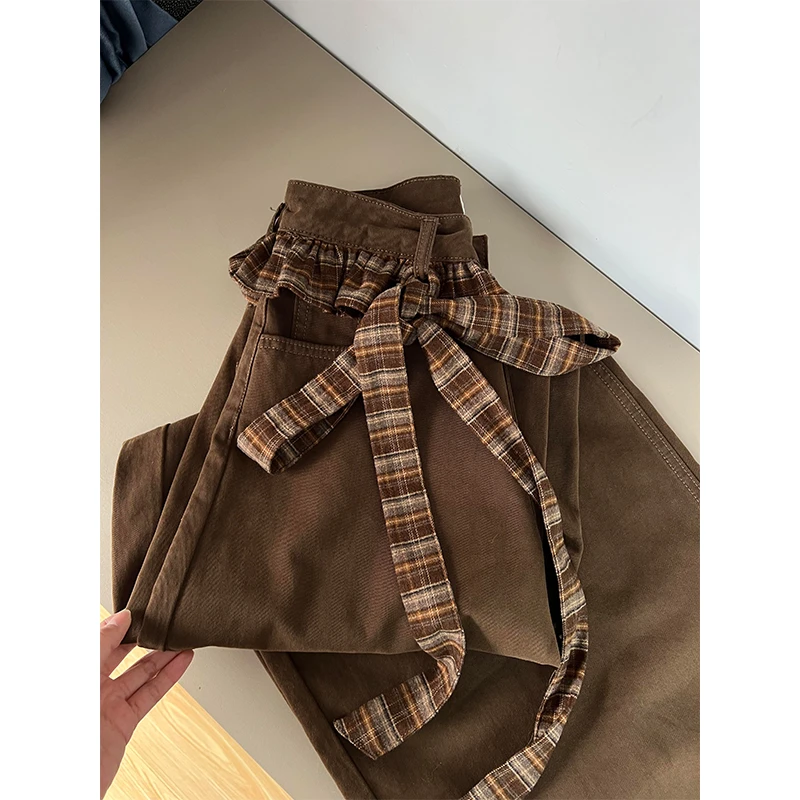 大码设计感蕾丝格子花边牛仔裤女春季新款直筒宽松显瘦垂感阔腿裤