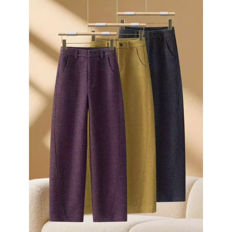 拉夏贝尔羊毛呢弯刀裤女2025秋冬新款高腰显瘦垂感百搭窄版直筒裤