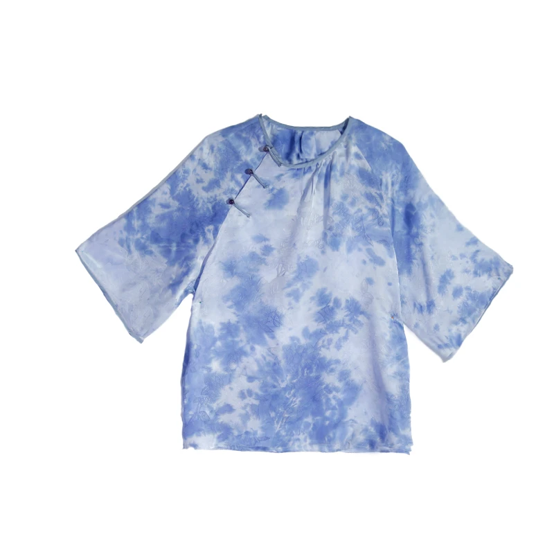 20姆米满桑植物扎染全孔罗天女散花圆领斜襟葡萄扣太太服12408-9