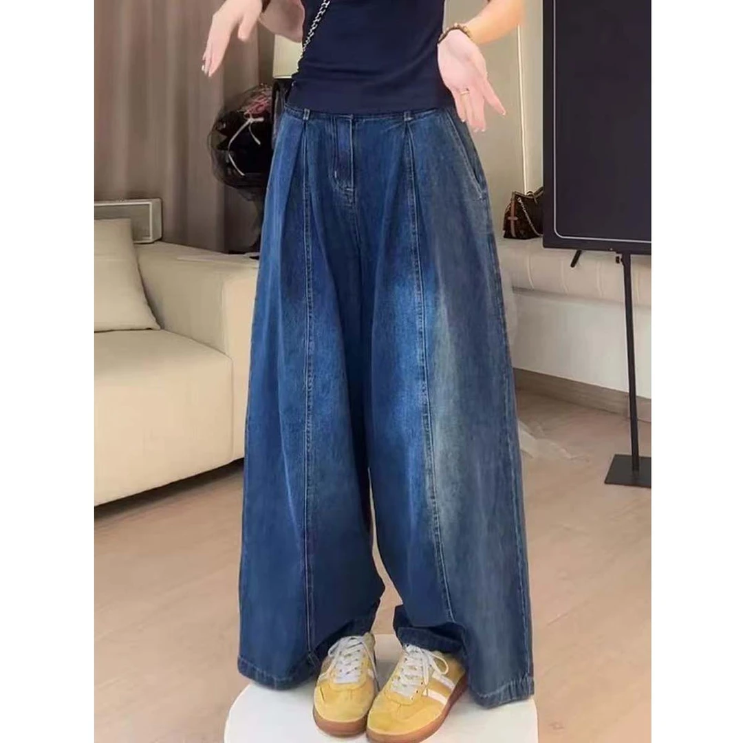 大码美式复古爆款直筒牛仔裤2025宽松新款高腰设计感显瘦阔腿裤子