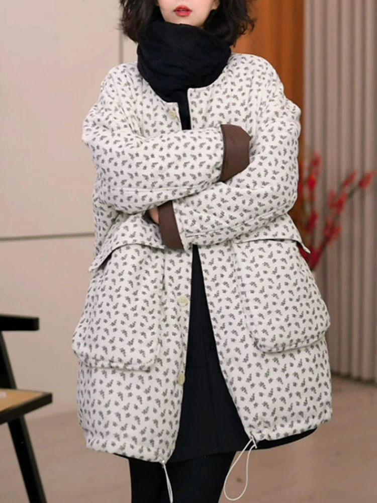 韩系韩版时尚印花减龄单排扣棉服2025秋冬款设计大口袋拼接棉衣