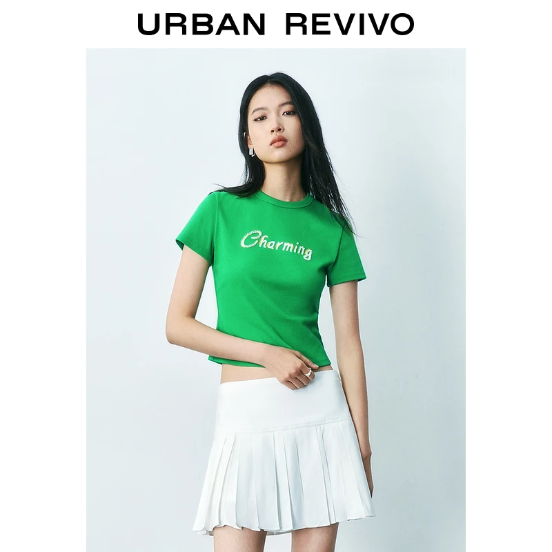 UR2025夏季新款女装休闲字母珠片绣短款修身短袖T恤UYU450116
