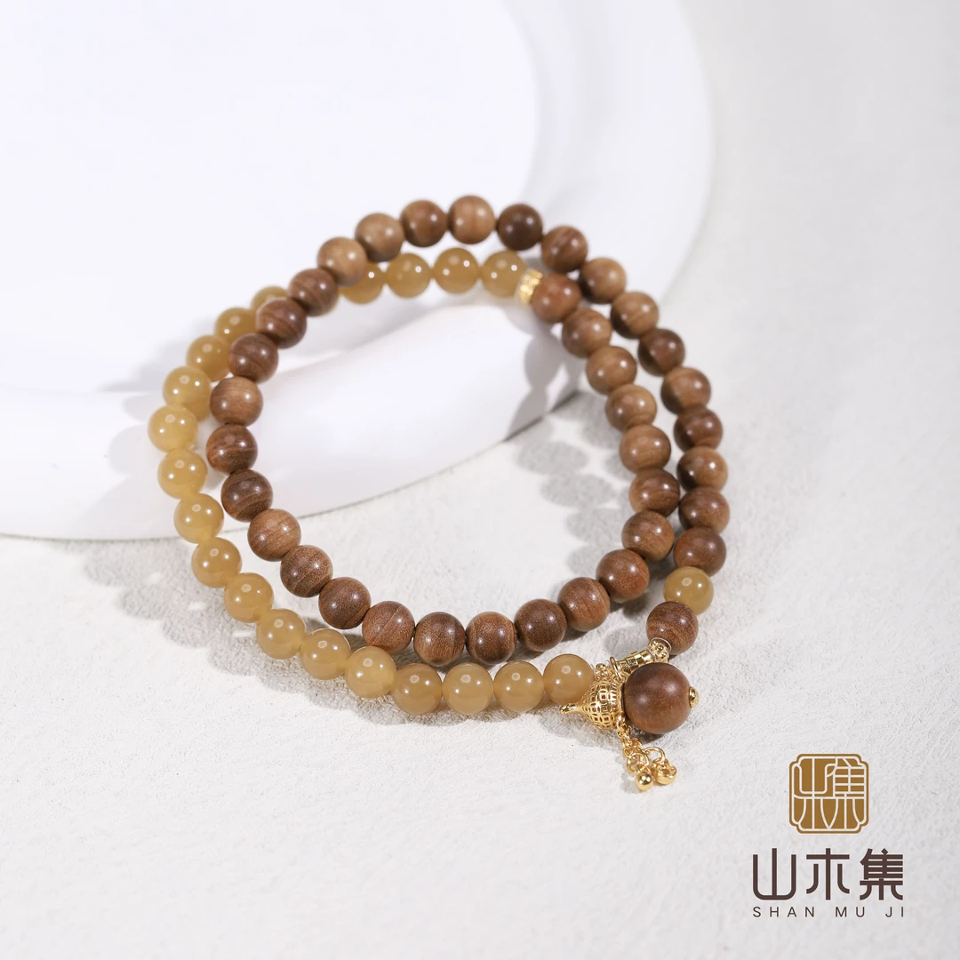 印度老山檀0.6糖白玉（福生）双圈手串￥【山木集】