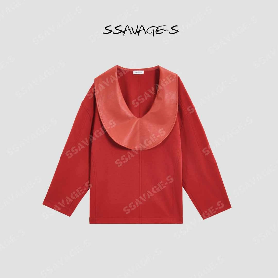 SSAVAGE“绯红序章”大廓形茧型皮革边领蝙蝠袖针织卫衣 SS90826