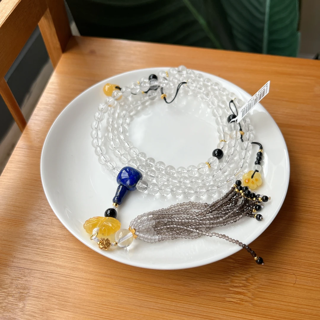 【郭老师】约6mm白水晶圆珠蜜蜡配件青金石三通茶晶流苏项链约70cm