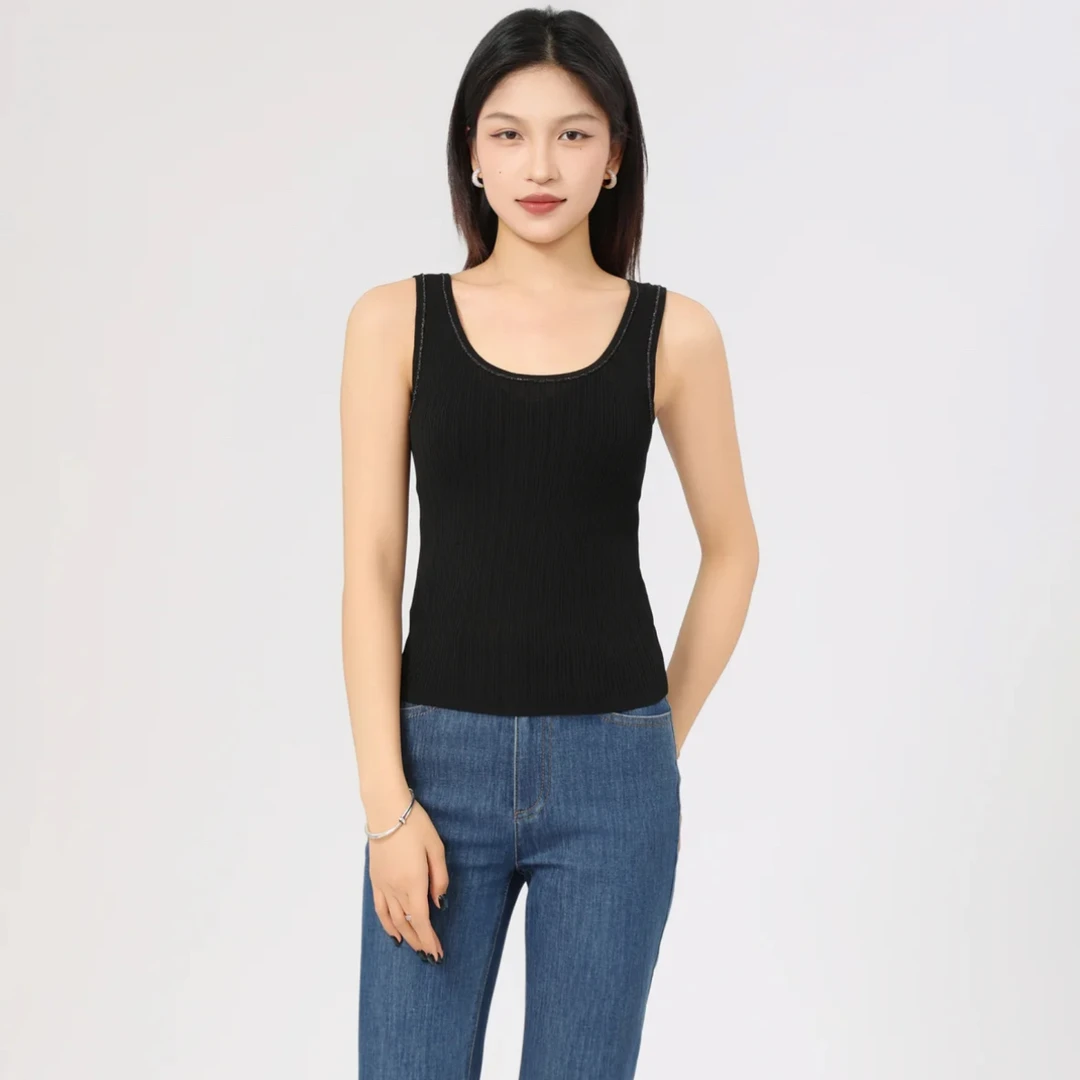 阿玛施AMASS新款简约百搭领口金银丝包边修身显瘦针织背心538014