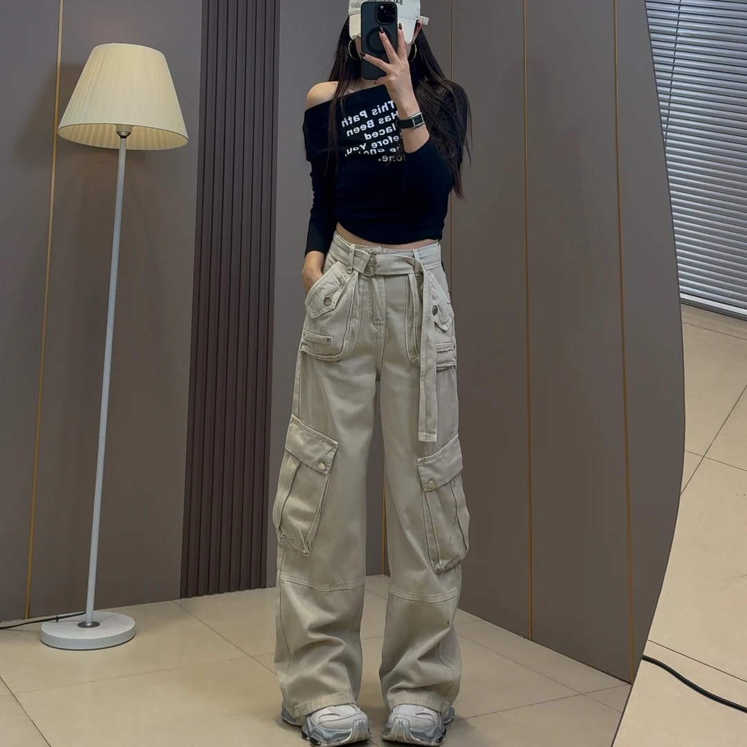 春装新款2025美式复古工装口袋阔腿牛仔裤女休闲韩版显瘦宽松长裤