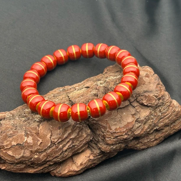 刘爷专属 深圳水贝足金卡10珐琅彩阿卡红色汉堡手串