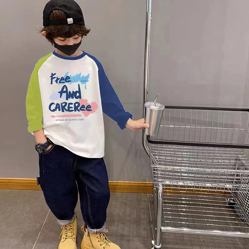 儿童长袖春秋季男孩纯棉洋气卡通童装中大童插肩袖T恤男童打底衫